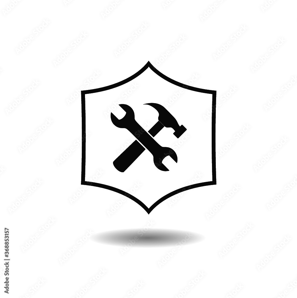 Hammer and wrench with shield icon with shadow Hammer and wrench with shield icon with shadow