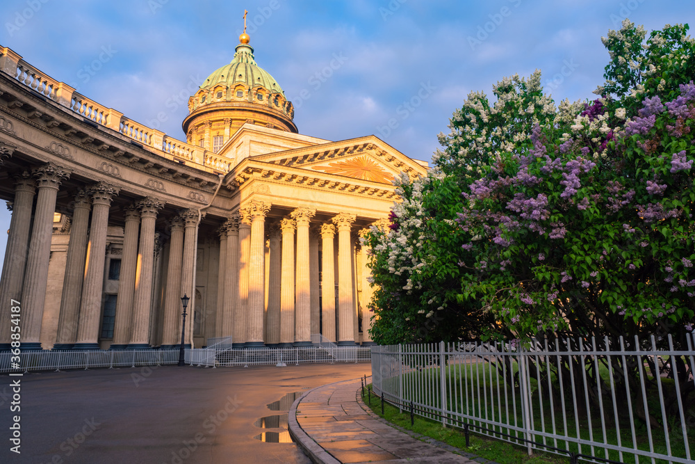 Saint Petersburg after the rain. Russia. Kazan cathedral. Lilac blossom in St. Petersburg. Kazan Cathedral is illuminated by the sun. Cathedrals Of St. Petersburg. Cities of Russia.