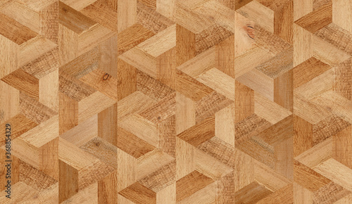 Rough parquet floor with a geometric pattern. Brown seamless wooden background. Wood texture. 