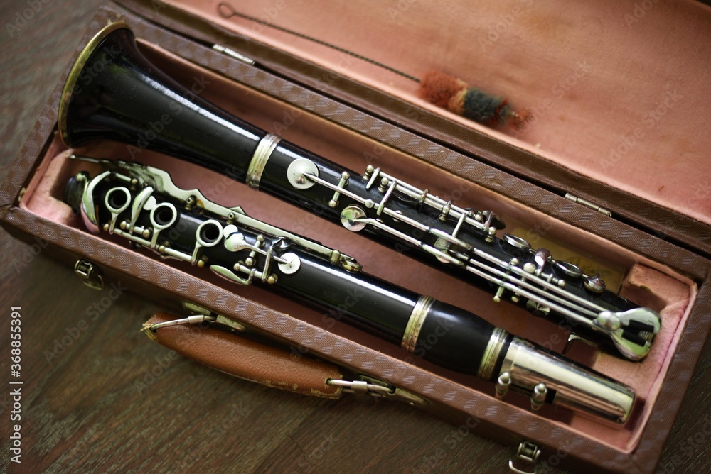 Naklejka premium old wind instrument clarinet in case