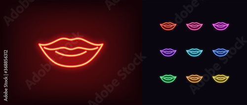 Red neon lips icon. Glowing neon woman lips sign, girl mouth