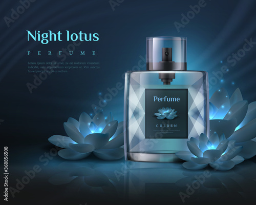 Perfume ad. Realistic fragrance glass bottle mockup, perfume luxury product advertisement. Vector illustration product aroma water ad background template
