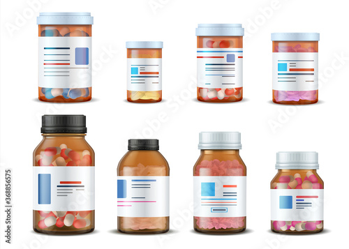 Pill bottles. Realistic medical glass containers with plastic caps pills and labels, 3D drugs and medical supplements. Vector illustration medication drugs mockup set