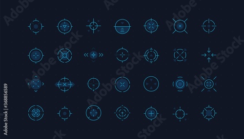HUD sniper aim. Neon shooter game crosshair element for aim focus, circular weapon target UI. Vector image futuristic military collimator sight set for graphics screen shotting game photo