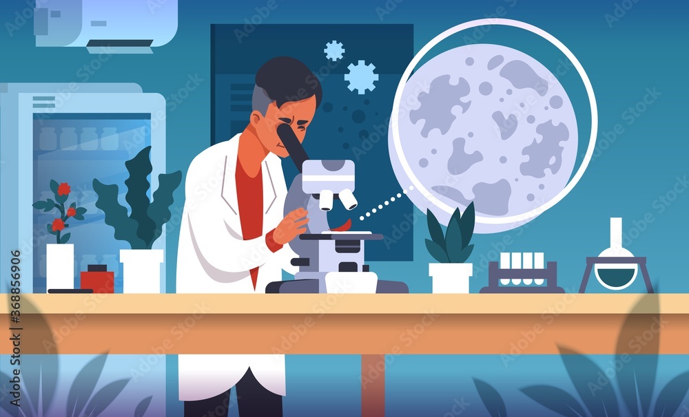 Scientist in lab. Cartoon concept of laboratory research, scientific experiment and medical data collection and analysis. Vector flat illustrations science smart technology researching background - obrazy, fototapety, plakaty 