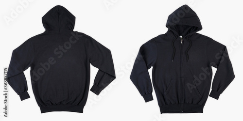 Slika na platnu Blank black male hooded sweatshirt long sleeve with clipping path, mens hoody with zipped for your design mockup for print, isolated on white background
