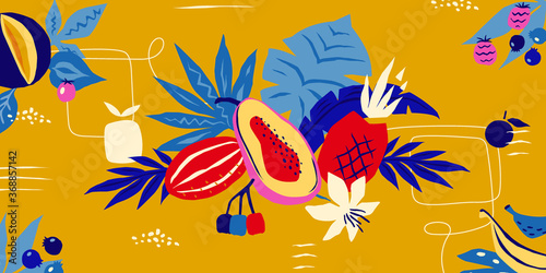 Tropical background. Abstract doodle exotic plants leaves and fruits for greeting card, colorful modern pop art poster. Vector fashion creative trend wallpaper with summer textures