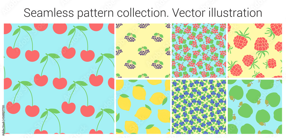 Fruit seamless pattern set. Fashion clothing design. Food print for dress, skirt, linens or curtain. Hand drawn vector sketch background collection