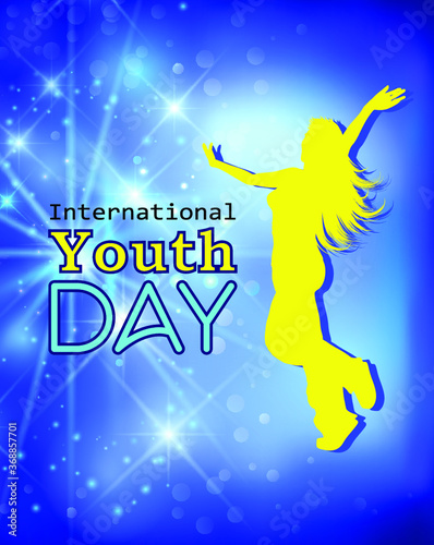 
International, youth day, August 12, multicolor, vector, dancing girl on a blue background, modern, concept for your design.