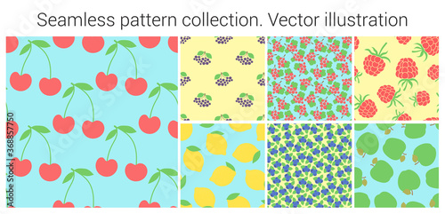 Fruit seamless pattern set. Fashion clothing design. Food print for dress, skirt, linens or curtain. Hand drawn vector sketch background collection