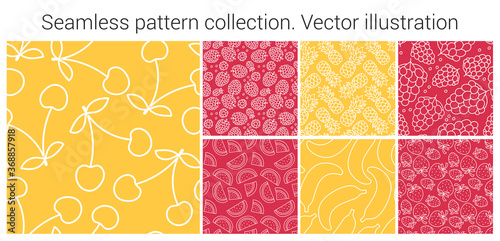 Fruit seamless pattern set. Fashion clothing design. Food print for dress, skirt, linens or curtain. Hand drawn vector sketch background collection