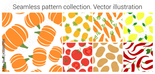 Fruit and vegetable seamless pattern set. Fashion clothing design. Pumpkin  pineapple  carrot  lemon  tomato  potato and chili pepper