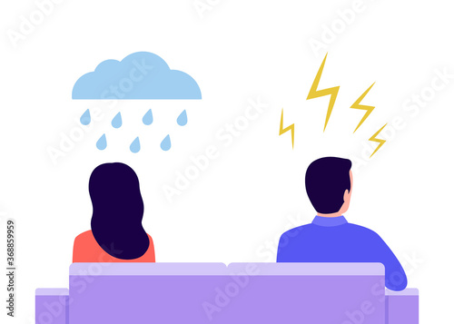 Angry man and offended cry woman in quarrel. Couple sit back to back. Problems partners in relationship, misunderstanding, conflict. Husband and wife at odds. Concept of divorce, crisis. Vector flat