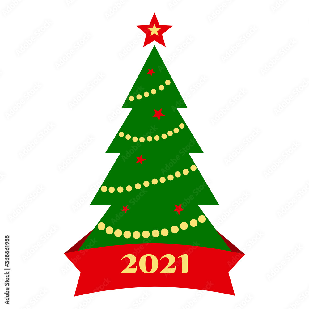 2021 Christmas tree icon with decoration and ribbon isolated on white background. Vector illustration