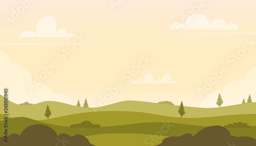 Beautiful fields landscape with a green hills  trees  bushes. Rural landscape in the warm dawn colours. Countryside background for banner  animation. Vector flat illustration.