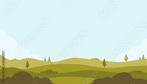 Beautiful fields landscape with a green hills  trees  bushes  bright color blue sky. Rural landscape. Countryside background for banner  animation. Vector flat illustration.