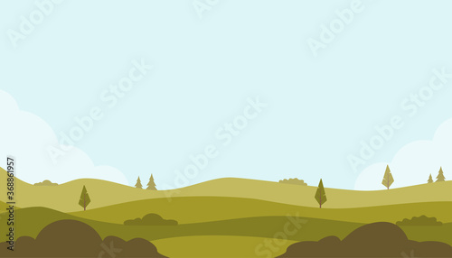 Beautiful fields landscape with a green hills, trees, bushes, bright color blue sky. Rural landscape. Countryside background for banner, animation. Vector flat illustration.