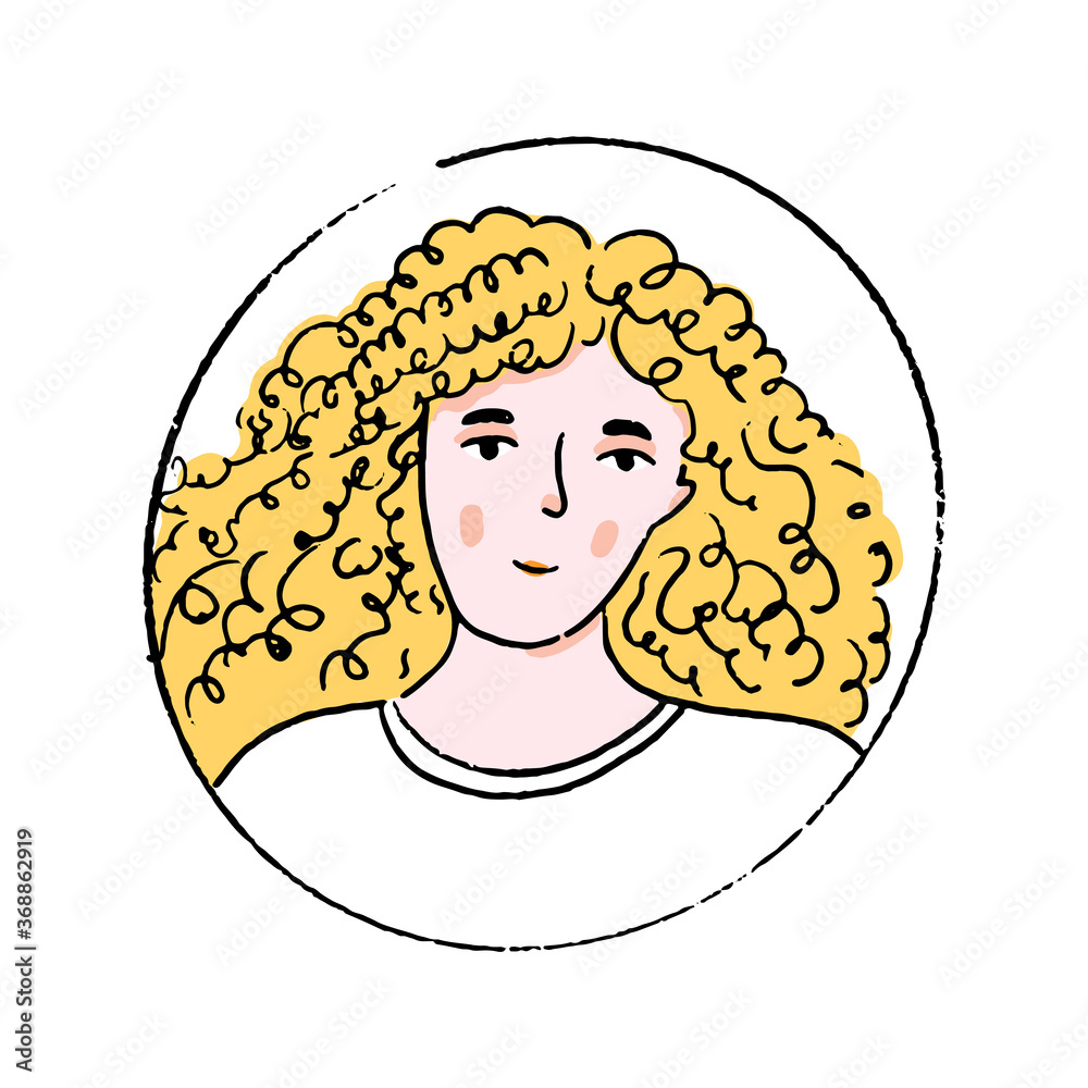Young blonde woman with long curly hair in white tee. Doodle vector portrait of girl in round frame. Young blonde woman with long curly hair in white tee. Doodle vector portrait of girl in round frame.