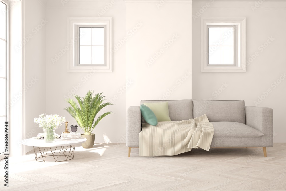 White living room with sofa. Scandinavian interior design. 3D illustration White living room with sofa. Scandinavian interior design. 3D illustration