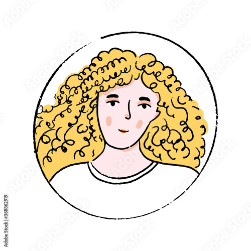 Young blonde woman with long curly hair in white tee. Doodle vector portrait of girl in round frame.