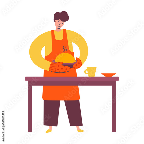 Young man in an apron holding a pie staying near the table. Happy baker cooking pie for holiday. Confectioner with homemade pasty . Family time. Male professional chef cooking food. Vector.
