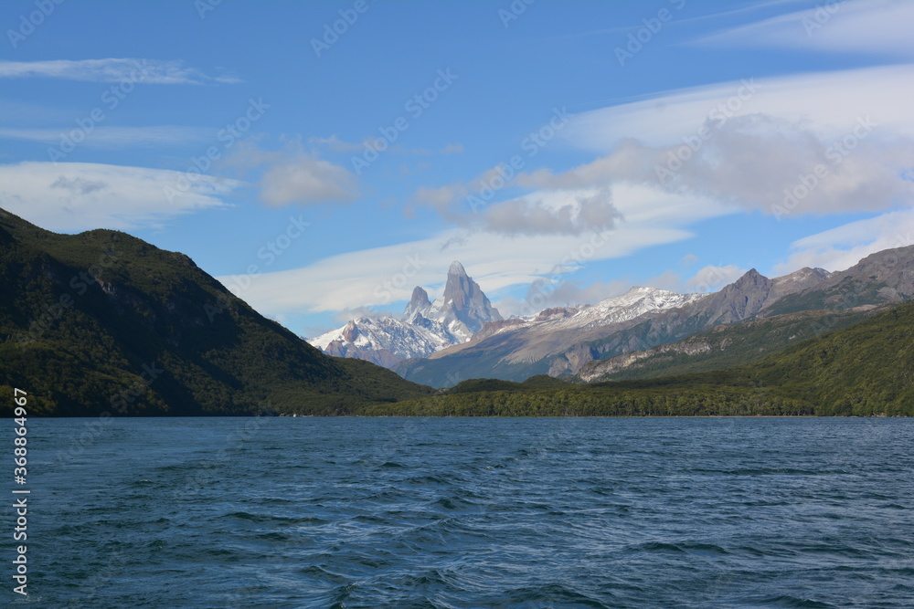 patagonian landscape with a blue lake and peacefull mountains over the horizon. Laguna del desierto, Desert Lake, Patagonia, Argentina.