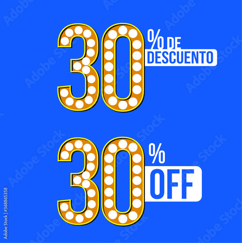 30% discount design in theater style in 2 languages, perfect for businesses that want to promote their new offers, discounts or promotions created