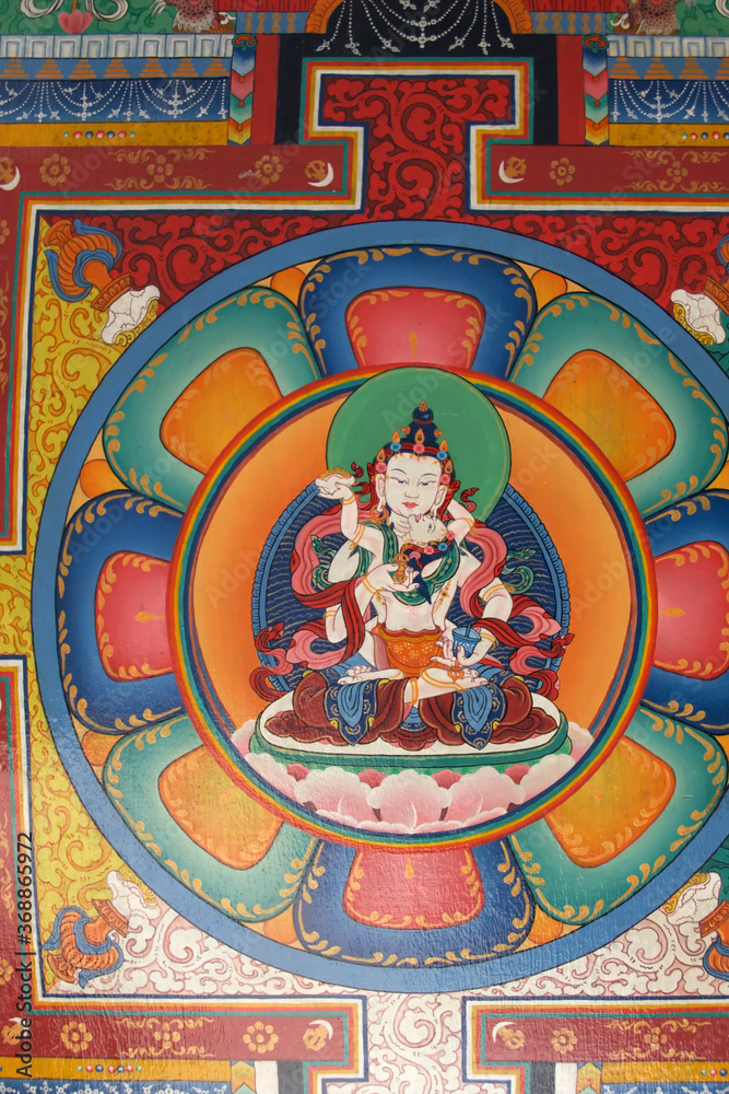 Buddhist painting at ceiling of a gate, Everest trek, Himalayas, Nepal