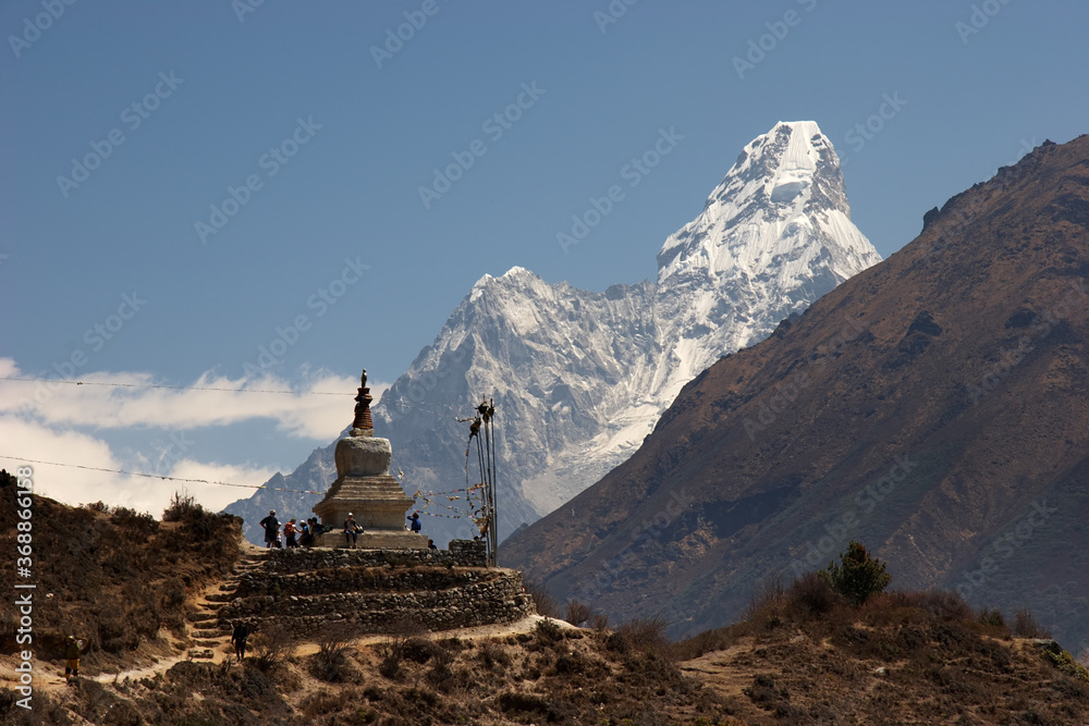Buddhist stupa and Ama Dablam mountain, Everest trek, Himalayas, Nepal