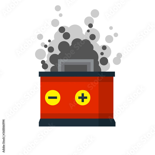 Broken car battery. Breakdown of the electric motor. Smoke and danger. Overheating and short circuit. Flat cartoon illustration