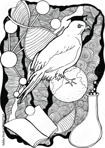 vector illustration kite on a globe,open book,flask and chemical and biological chains of compounds,knowledge,doodle