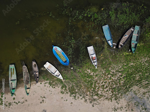 Fishing boats in a small village in Dobrogea, Romania. Aerial view. photo