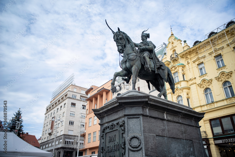 Zagreb / Croatia - December 31 / 2019: Ban Jelacic statue at the central square of Zagreb at christmas eve Zagreb / Croatia - December 31 / 2019: Ban Jelacic statue at the central square of Zagreb at christmas eve