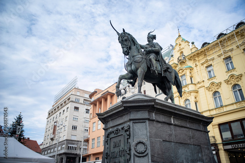Zagreb / Croatia - December 31 / 2019: Ban Jelacic statue at the central square of Zagreb at christmas eve