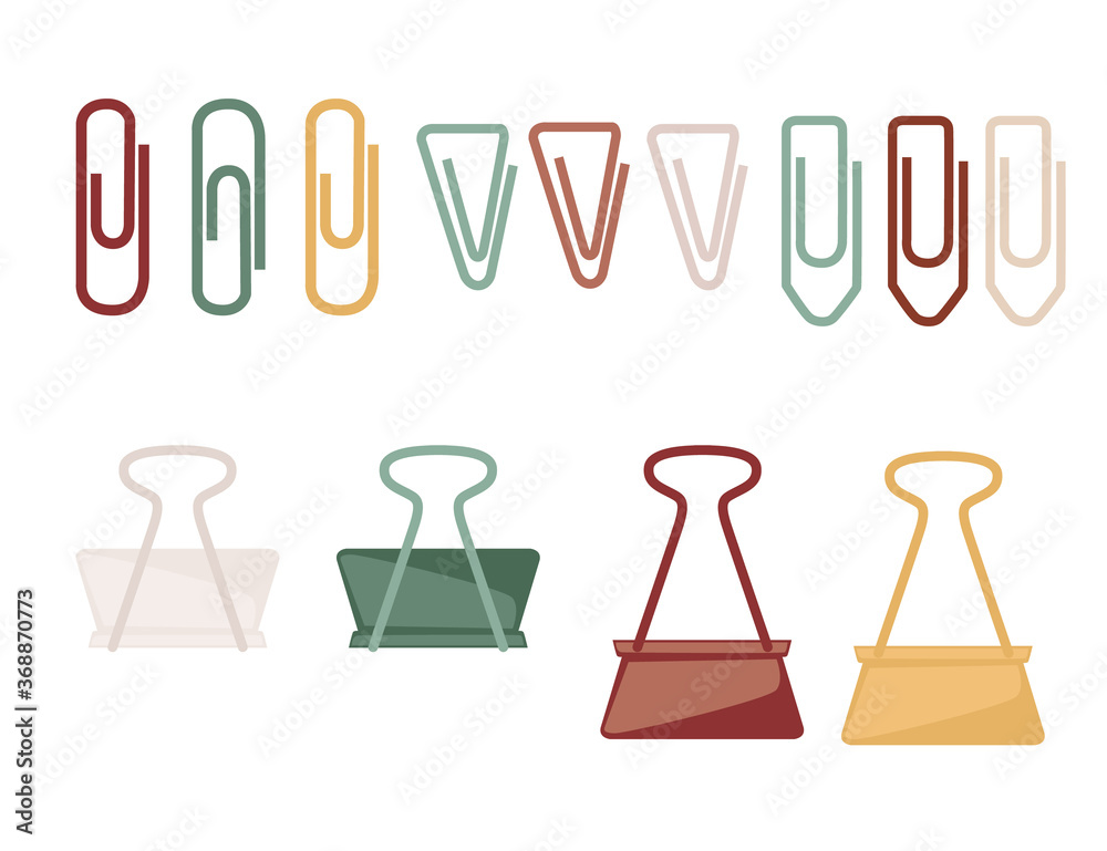 Paper metal clip set with different color office supply collection flat vector illustration isolated on white background Paper metal clip set with different color office supply collection flat vector illustration isolated on white background