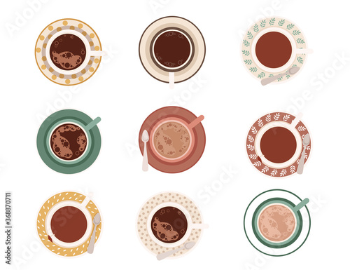 Set of coffee cup with foam and saucer with different patterns flat vector illustration isolated on white background collection of mug top view