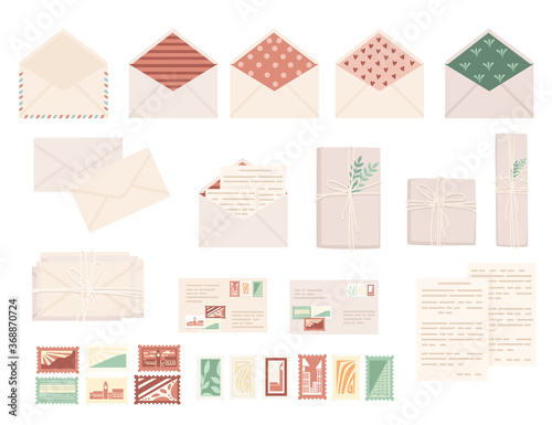 Big set of postal stamps with postage envelope and paper packages flat vector illustration isolated on white background