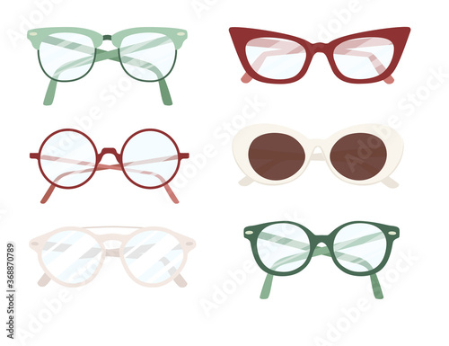 Set of different modern eye glasses flat vector illustration isolated on white background