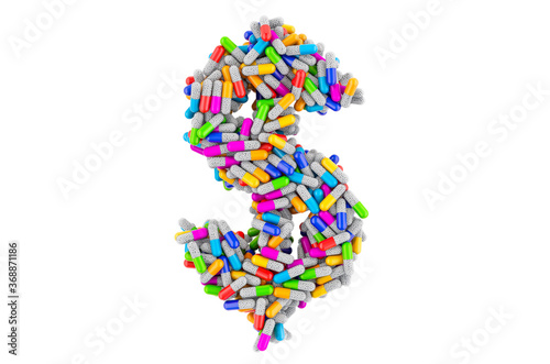 Dollar symbol from colored capsules. 3D rendering