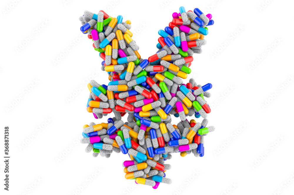 Yen or yuan symbol from colored capsules. 3D rendering