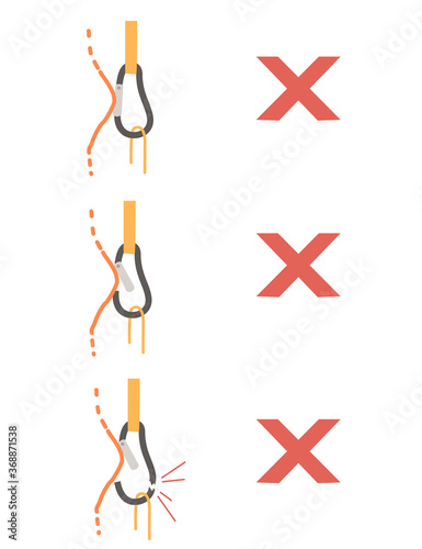 Simple tips how to use metal carabiner in tourism wrong use flat vector illustration isolated on white background