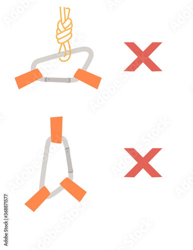 Simple tips how to use metal carabiner in tourism wrong use flat vector illustration isolated on white background