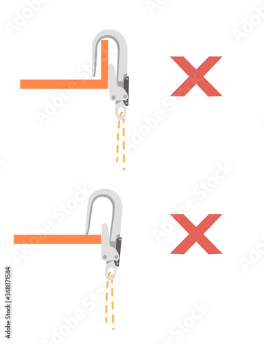 Simple tips how to use metal carabiner in tourism wrong use flat vector illustration isolated on white background