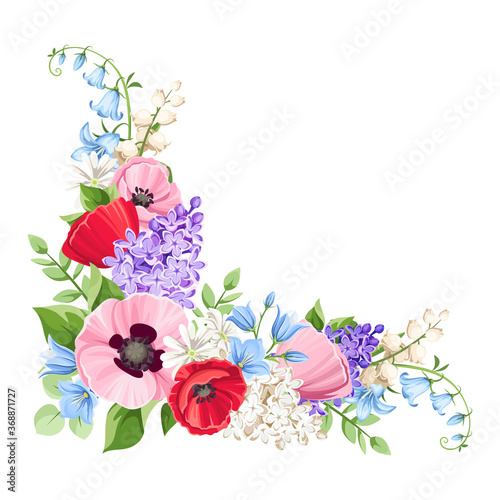 Vector floral corner with red, pink, blue and purple poppies, lilac flowers and bluebells isolated on a white background.
