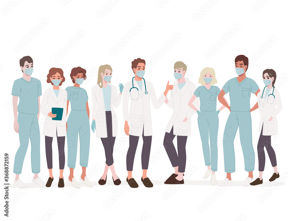Obraz premium Characters of cute cartoon doctors and nurses wearing surgical face mask male and female medicine workers flat vector illustration