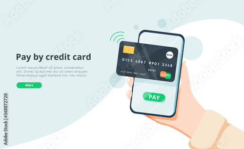 Pay by credit card via electronic wallet wirelessly on phone. New mobile banking app and e-payment vector illustration.