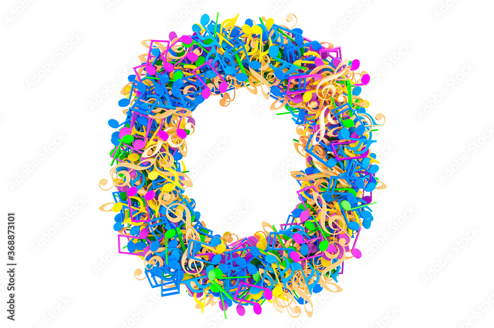 Letter O from colored musical notes. 3D rendering