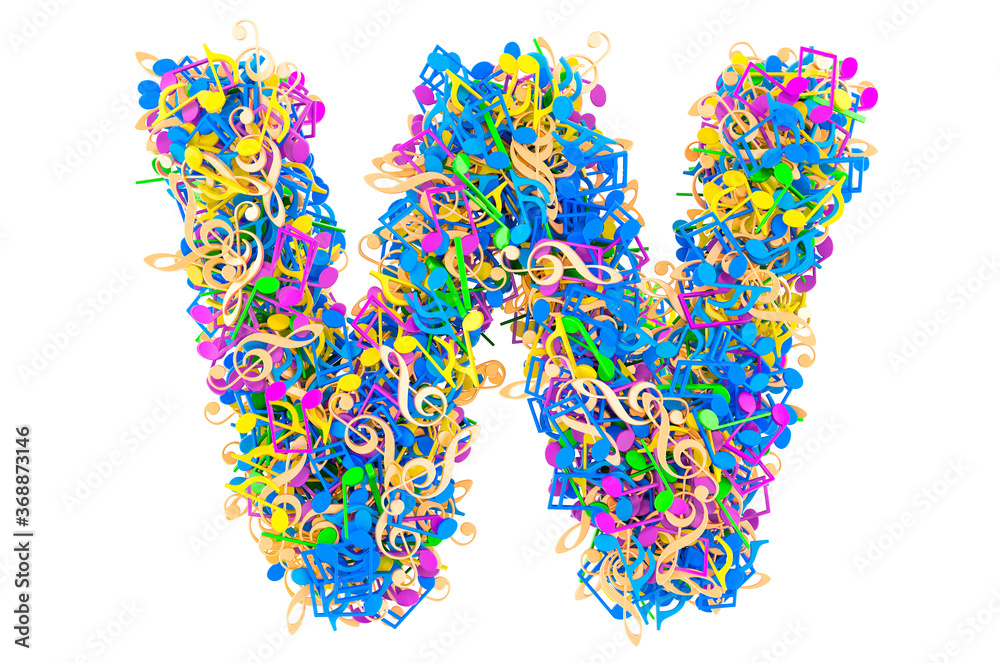 Letter W from colored musical notes. 3D rendering Letter W from colored musical notes. 3D rendering