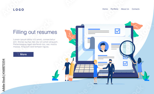Vector illustration, small people fill out the form, modern concept for web banners, infographics, websites products