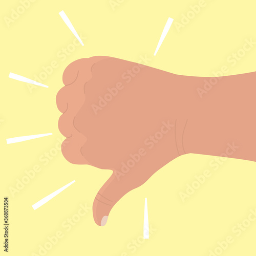 Dislike. Hand shows thumb down. A symbol of poor performance, disagreement, discontent. Bad job icon. Flat cartoon vector illustration on yellow background. Finger down. Dislike gesture.  Negative